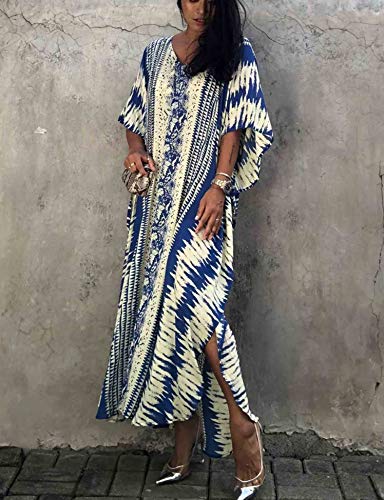 Orshoy Womens Beach Bikini Cover Up Rayon Kaftan Dress Sarong Tunic Swimsuit Swimwear Plus Size A-Blue - Image 3