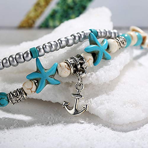 Image of Softones Blue Starfish Turtle Anklet Multilayer Charm Beads Sea Handmade Boho Anklet Foot Jewelry for Women