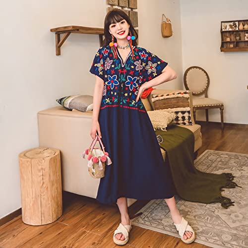 LIUQIANYU Robe De Vacances Voyage Pour Dames - À Manches Courtes Brodée Col En V Ethnique, Midi Hautes, La Taille Bleu S Cover