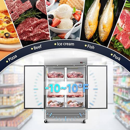 Image of 54 inch W Commercial Upright Freezer with Double-Door: 49 Cubic Feet Storage, Adjustable Shelving, Automatic Defrosting, Precision Digital Thermostat, LED Lights, Safety Locks