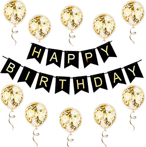 Happy Birthday Banner, Party Decorations, Reusable Party Supplies Perfect for Kids Girls and Women (Black+Gold)
