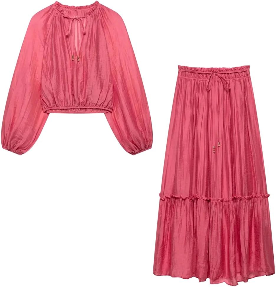 Women's Summer Set V Neck Wrinkle Effect Short Long Sleeve Waist Lace Up Loose Skirt Set