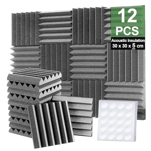 Foneso Espuma Acústica, 30x30x5 cm (Densidad: 25 kg/m³) pared Absorbente de Sonido de alta Densidad 3D, Materiales de Aislamiento Acústico para Salas de Grabación y Oficinas (12 Piezas, Gris)