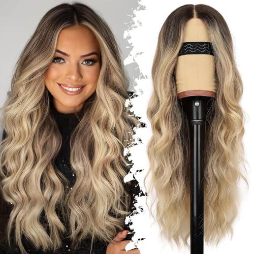 Eawwii Ombre Blonde Wig for Women Long Wavy 4x1 Lace Natural Hairline Glueless for Beginners Middle Part Synthetic for Daily Party Use 26Inch