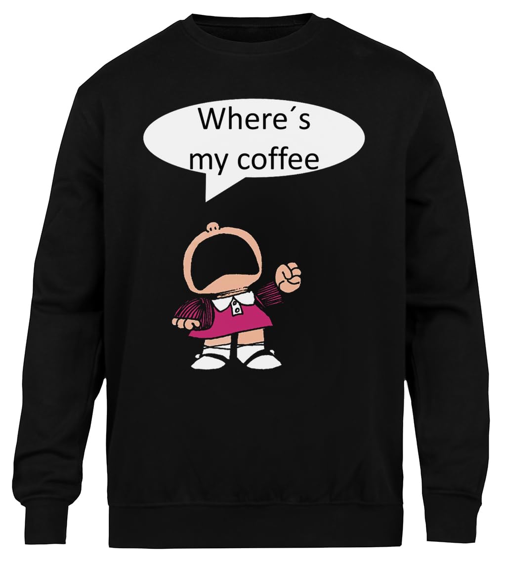 Café Mafalda Sweatshirt Noir Unisexe Col Rond Écologique Unisex Black Sweatshirt Eco-Friendly Crewneck