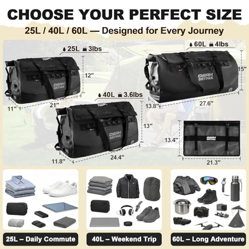 Image of Waterproof Duffel Bag 25L /40L /60L - Heavy-Duty Motorcycle Tail Bag, Roll-Top Dry Bag for Travel, Camping, Boating, Kayaking, Outdoor Adventure