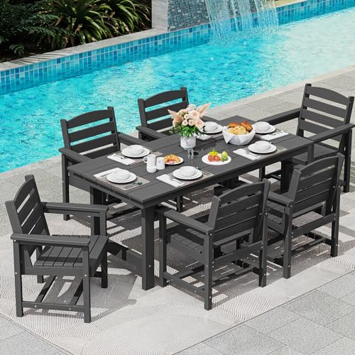 Image of SERWALL 6-Person Outdoor Dining Table - 67 inch Rectangle HDPE Patio Table with Center Umbrella Hole, Weatherproof, Black