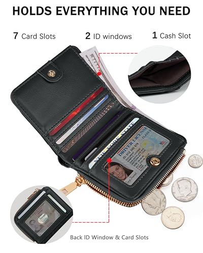 Image of Small Bifold Wallets Woman RFID Mini Wallet for Women Slim Card Holder with Zipper Coin Pocket & 2 ID Windows (Black)