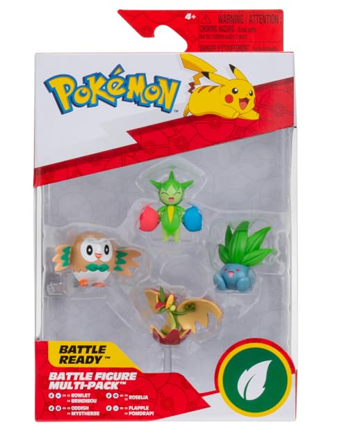 Pokémon Battle Figure Multi-Pack 4-Pack – Rowlet, Roselia, Oddish & Flapple – Official Jazwares Figures, 2-Inch Collectible Toy Set for Kids Ages 4+