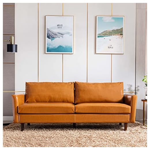 Dreamsir 80'' Faux Leather Sofa Couch, Mid-Century Modern Sofa with Solid Wooden Frame & Padded Cushions, 3-Seater Couch for Living Room, Apartment, Lounge Room (Camel)