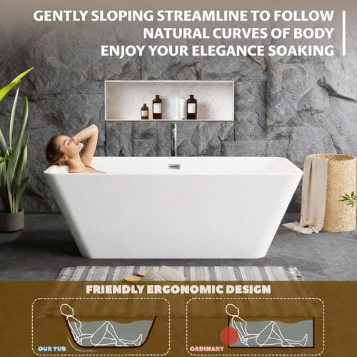 Image of 59 inch Acrylic Freestanding Bathtub with Chrome Drain Kit, Contemporary Square Soaking Tub with Overflow and Flexible PVC Drain Pipe, Double-Walled Insulation, cUPC Certified, Glossy White Finish