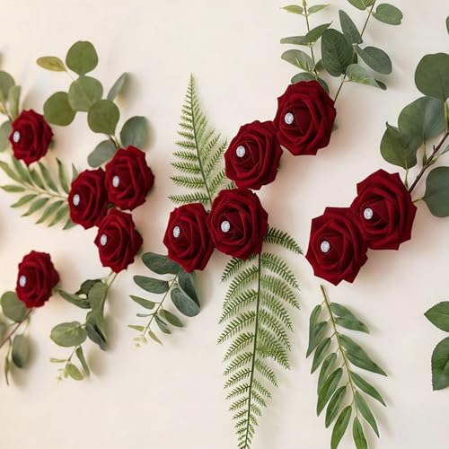 Image of 100Pcs Real Looking Burgundy with Diamonds Artificial Rose Flower Heads, Foam Fake Roses for DIY Wedding Decorations Baby Shower Centerpieces Home Party Valentine's Day Mother's Day Decor