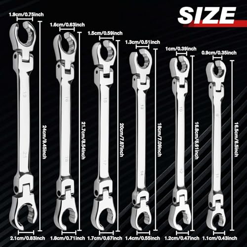 Image of 6 Piece Flex Head Flare Nut Wrench Set Metric 9-21mm, 40 Cr Double Open End Brake Line Wrench for Automotive Brake, Fuel, AC Lines and Plumbing Repairs, Flex Tools with EVA Storage Tray