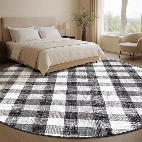 Image of Checkered Area Rug, 9 Ft, Round, Black and White | Washable, Non Slip, Modern Neutral, For Living Room Bedroom Office Patio Dining Room