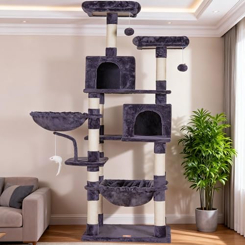 Image of Heybly Cat Tree, 70 inches Tall Cat Tower for Indoor Large Cats HCT032G | Big Cat Condo with Toy , Cat House Furniture with Padded Plush Perch, Cozy Hammock and Sisal Scratching Posts, Smoky Gray