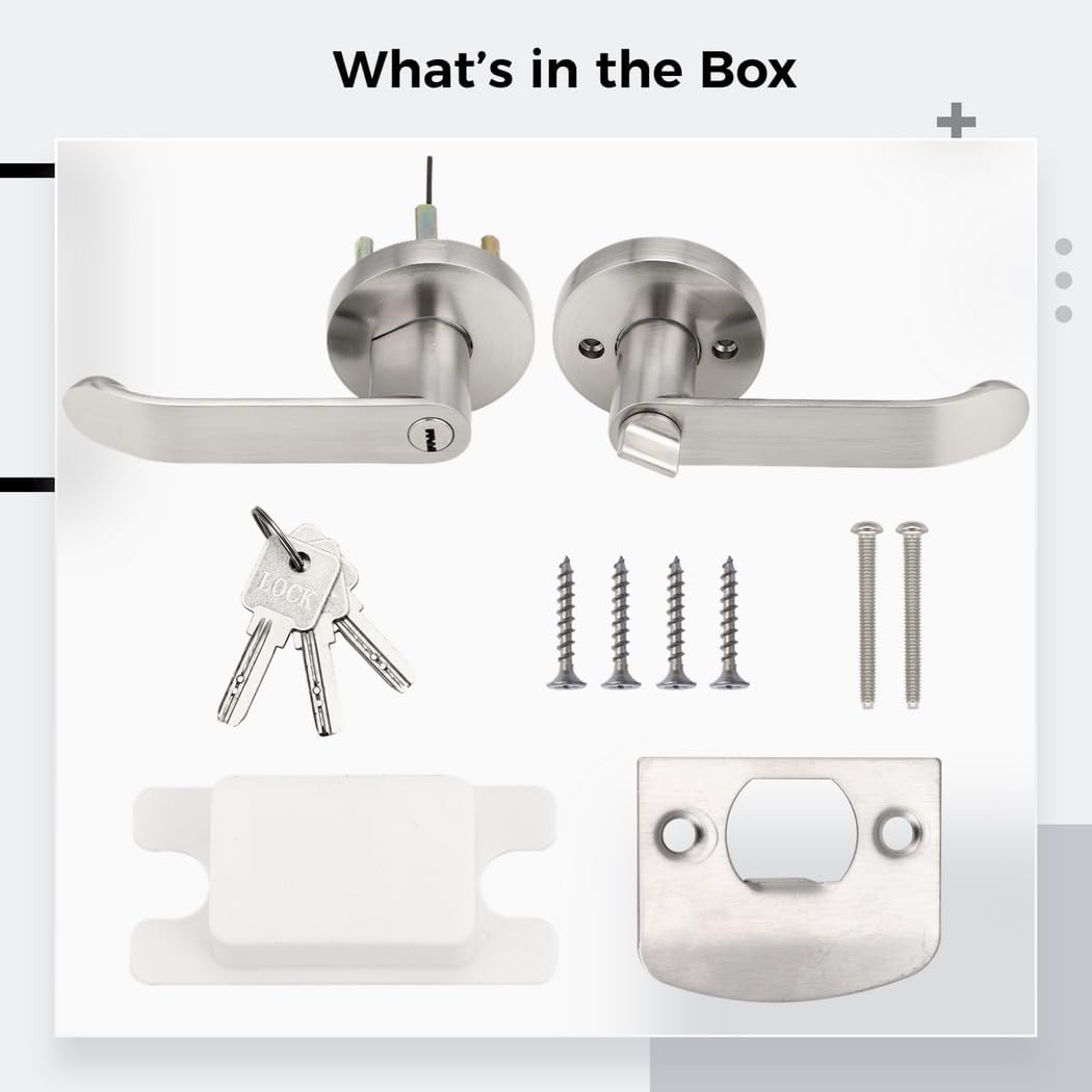 Keyed Entry Lock Kit With Lever Handle For Doors, Brushed Aluminum Door Lockset, Commercial, Bedroom, And Cloakroom Compatible, 2.36-2.75'' Adjustable Latch