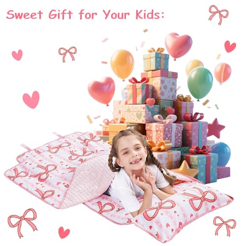 Image of Viviland Toddler Nap Mat, Rolled Sleeping Mats with Pillow and Minky Dot Blanket for Girls, Kids Slumber Bag Nap Mat for Preschool, Daycare, Kindergarten, Travel Camping - Pink Bow