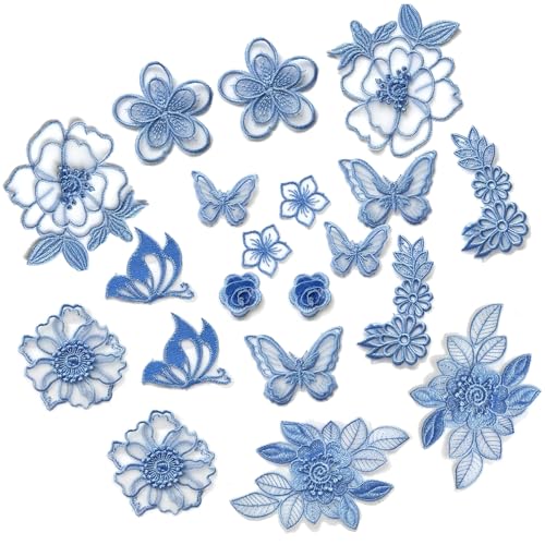 20PCS Blue Flower Lace Embroidered Appliques, 3D Butterfly Lace Applique Patches, Sew On Badge for Women Clothing Repairing Jeans Sweater Wedding Dress Bags DIY Craft Sewing Decoration