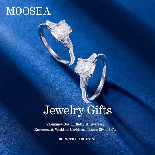 MOOSEA 3 Stone Moissanite Rings for Women, 2ct Radiant D Color VVS1 Clarity Lab Created Moissanite Rings 14K White Gold Vermeil Double Claw Radiant Cut Moissanite 3 Stone Rings for Women Mom Wife Gift3