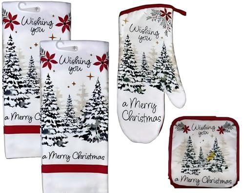 Christmas Holiday Decorative Wishing You A Merry Christmas Kitchen Towel Set - 2 Dish or Hand Towels, 2 Pot Holders, 1 Oven Mitt - Snowy Pine Trees with Poinsettias and Gold Stars