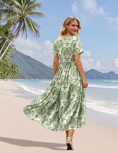 Image of YESNO Women's Summer Maxi Dresses Casual Floral Short Sleeve V Neck Boho Beach Vacation Swing Dress with Pockets EVF