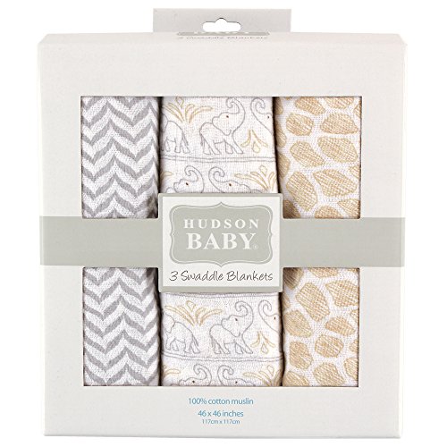 Hudson Baby Unisex Baby Cotton Muslin Swaddle Blankets, Elephant 3-Pack, One Size