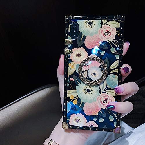 Retro Square Floral Phone Case Compatible with iPhone X XS 10 with Holder Ring Rose Flowers Soft Protective Luxury Shockproof Cover (iPhone X/XS 5.8'')