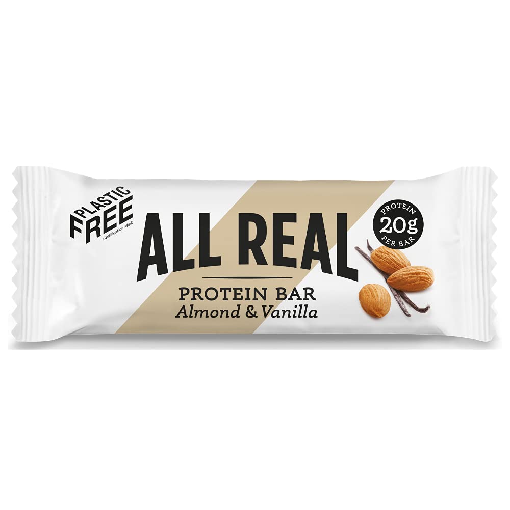 All Real 100% Natural Plastic Free Protein Bars - Almond & Vanilla 60g 4 Pack |Sustainable Nutrition | Plastic Free Packaging | All Natural Ingredients | 20g Protein Bar