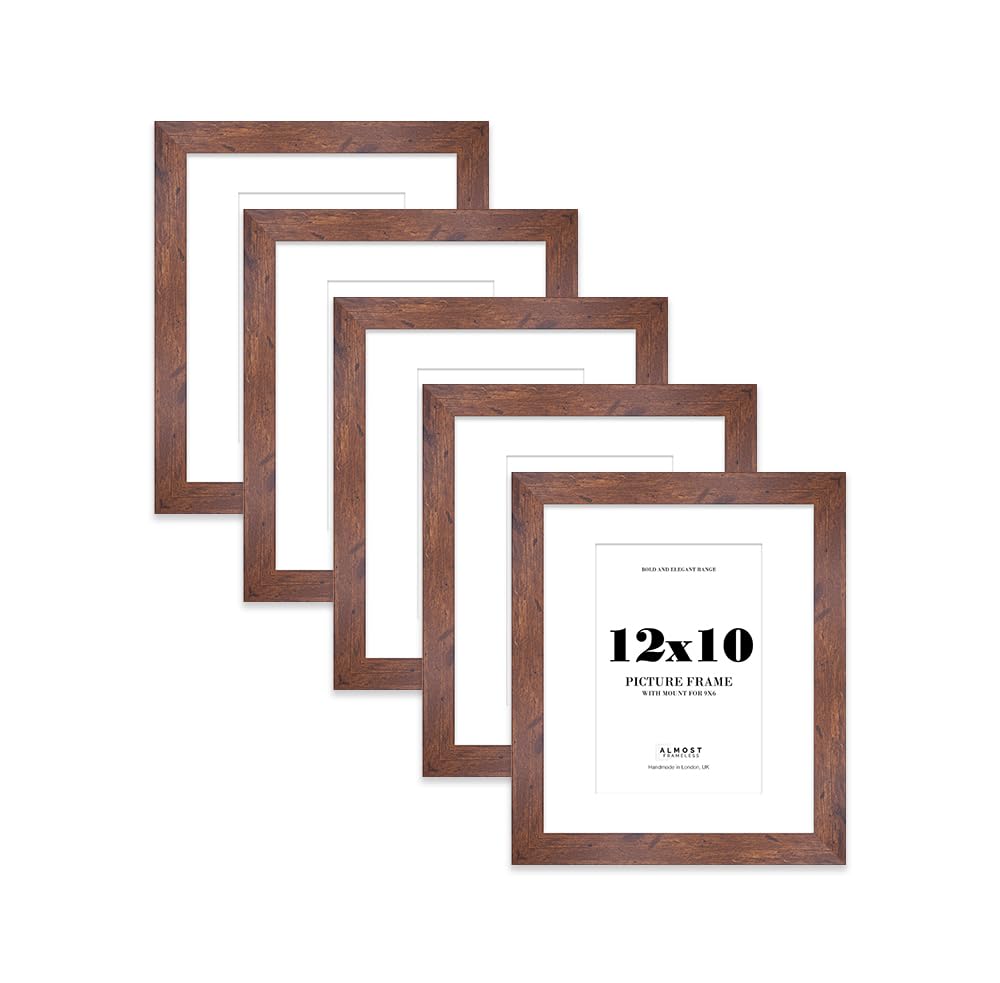 12x10 Rustic Wood Frame With Mount for 9x6 Pictures 28mm Edge Portrait and Landscape Display with Wall Hooks and Kickstand, 5 Pack