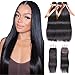 Allrun Hair 7A Brazilian Virgin Human Hair 3 Bundles With (4x 4) Lace Closure Straight Wave Weft 100% Real Human Hair Extensions Natural Color (14 16 18+14" Closure)