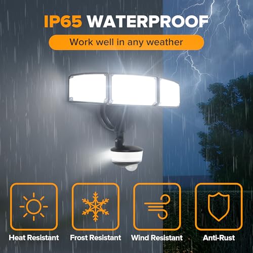 LUTEC 74W 8000 Lumen Motion Sensor Outdoor Lights, 5000K Daylight, IP65 Waterproof Flood Lights Outdoor with Night Light, Dusk to Dawn Motion Detector LED Security Light for Outside Garage, Yard-Black