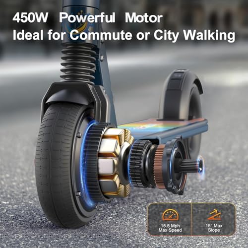 Image of Caroma Electric Scooter Adults,450W Peak Foldable E-Scooter,16 MPH,21 Miles | 3 Speeds & 15 Climb, UL2272 EABS Brake,Smart LED Display Lights, Foldable Frame For Kids 8+, Teens Women Commute Travel