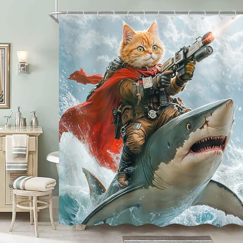 Funny Animal Shower Curtain, Blue Cool Cat Riding Shark Ocean Wave Shower Curtain for Bathroom, Fun Nautical Kids Children Fabric Bath Curtain with 12 Hooks Men Bathroom Decor Accessories,70X70IN