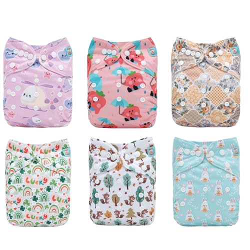 Image of ALVABABY Baby Cloth Diaper One Size 6 Pack with 12 Inserts Cloth Diaper Covers Adjustable Washable Reusable for Baby Girls and Boys6DM51 | One Size Adjustable Snaps, Fits 6.6–33 Lbs Baby Boys&girls, Hip Crossover Snaps Prevent Wing Droop for Leak-proof Snug Fit