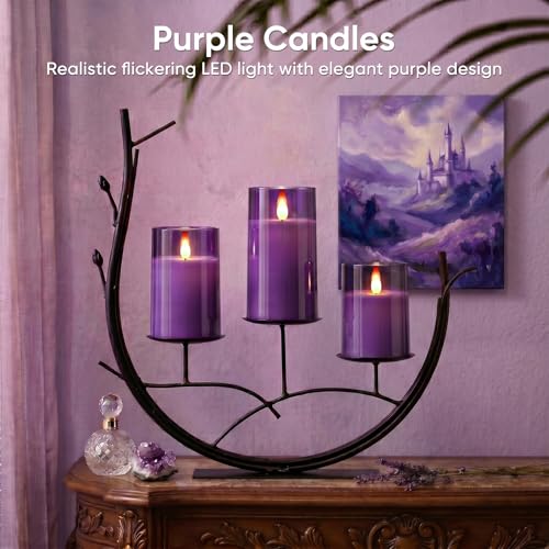 Image of Homemory Purple Flameless Candles, Flickering Battery Operated LED Pillar Candles with Remote Timer, Acrylic Violet Fake Candles, Decorative Candles for Home Wedding Party Halloween Decor, Set of 3