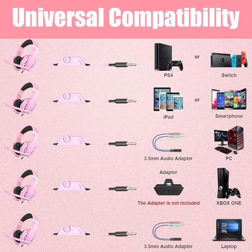 Image of BENGOO G9000 Professional Gaming Headset for PS4, PC, Xbox One Controller, Noise Cancelling Over Ear Headphones with Mic, LED Light, Bass Surround, Soft Memory Earmuffs for Laptop - Pink