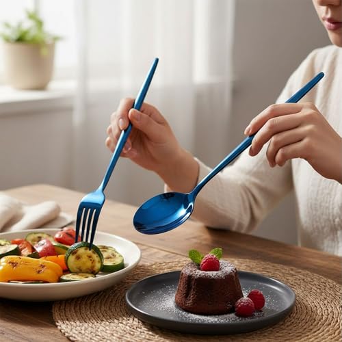 Image of 4 Pcs Blue Slim Handle Stainless Steel Cutlery Set for Dining Table with Spoon and Fork Set & Butterknife - The Perfect Tableware /Flatware