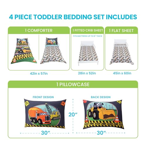 Image of Todays Kids Under Construction Toddler Bedding Set for Boys - 4-Piece Toddler Bed Comforter Sets for Boys, Reversible Comforter & Pillowcase, Flat Sheet, Fitted Sheet, Breathable & Soft Microfiber