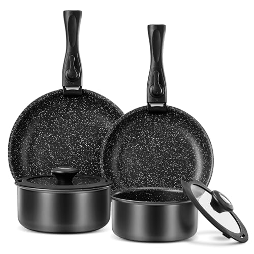 BEZIA Pfannenset mit abnehmbaren Griffen, Töpfe und Pfannen Set mit Deckel, Induktions Pfannen Set...