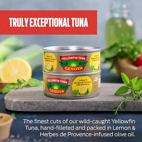 Image of Genova Premium Yellowfin Tuna in Lemon and Herbes de Provence Infused Olive Oil, 5 Ounce Cans (Pack of 12), Solid Light