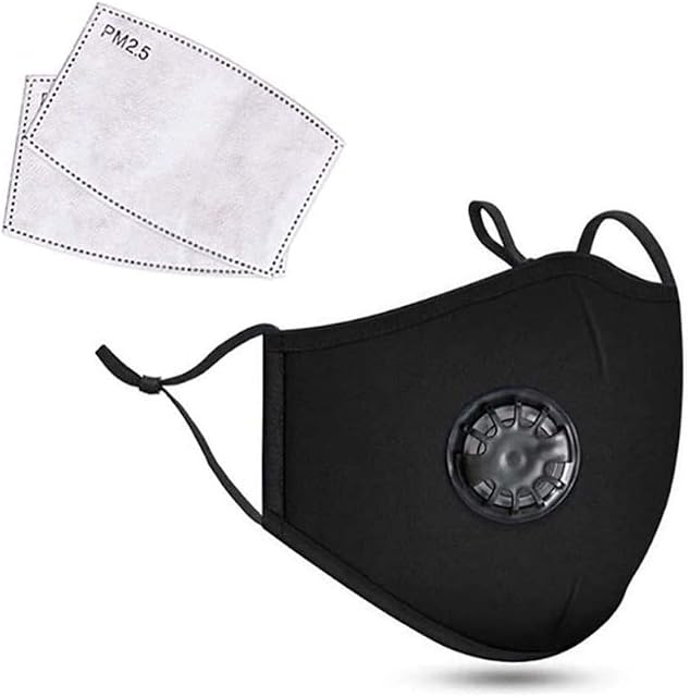 Cotton Dust Protective Face Mask with Breathable Filter and 2x Carbon Air Filters - Washable & Reusable Soft Mouth Protector with Adjustable Straps (Black)