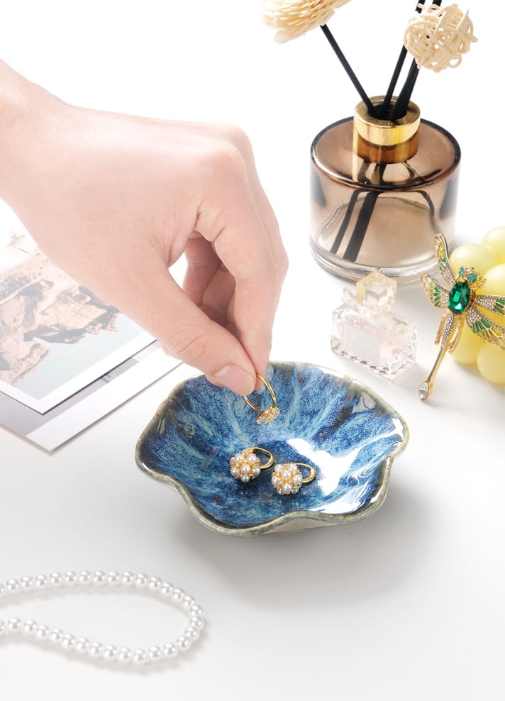 Image of Lotus Leaf Shape Ring Holder Dish, Small Key Bowl, Ceramic Trinket Tray Jewelry Dish Organizing Necklace Earrings for Mom Friend Sister. All Jewelries Are NOT Included. Light Blue.