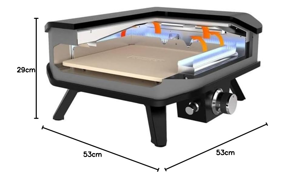 COZZE Forno per pizza a gas 13" con term. fino a 400°, 34 x 34 cm, facilmente trasportabile con pietra refrattaria