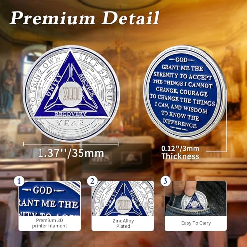 Image of Recovery Triangle 43 Year Sobriety Coin - Silver Roman Numeral NA AA Coins - 1-65 Prime NA /HA /AA Chips and Medallions - Narcotics Alcoholics Anonymous Sober Gifts for Men Women