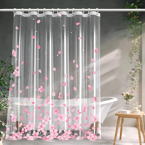 Clear Pink Floral Shower Curtain Liner Cute Plastic Transparent Cherry Blossom Shower Curtain Girly Flower Petals Spring Shower Curtains for Bathroom 72x72 Shower Curtain Set with Magnets 12 Hooks