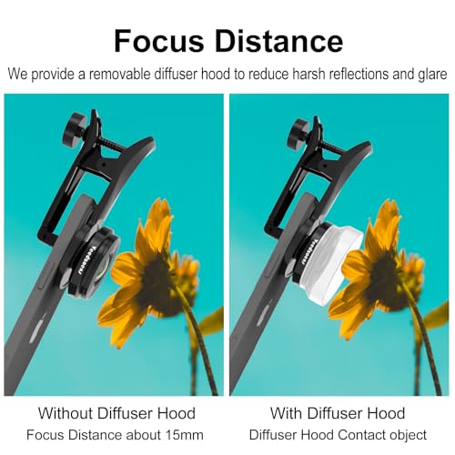 Veedzoens 10X Macro Lens for iPhone Android Smartphone, Compatible with SmallRig NEEWER Phone Cage, with Detachable Diffuser Hood, 17mm Thread Universal Phone Lens Clip and Black Portable Bag