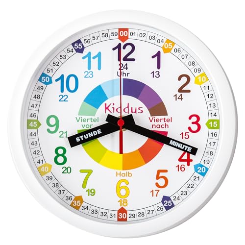 Kiddus Reloj de Pared Pedagógico Infantil para Niña, Niño. Analógico y Silencioso. Aprende la Hora con Nuestro Fácil Sistema Time Teacher. Ejercicios Incluídos. Color Blanco. Deutsch