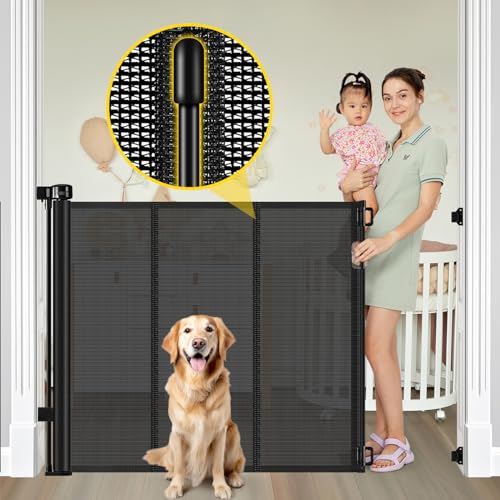 Reinforced 42” Extra Tall Retractable Baby Gates with Rods, Extends up to 60” Wide, Tall Retractable Dog Gate for Doorways Prevent Crawling...