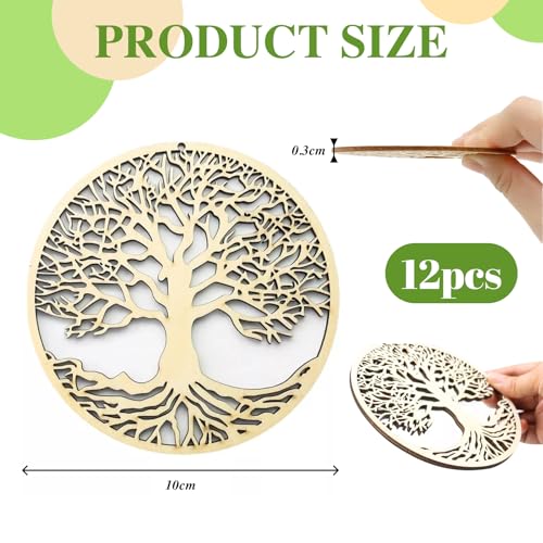 Hugwish 12pcs Baum des Lebens Untersetzer Holz Für Meditation (10 X 10 cm), Untersetzern Aus Premium Birkenholz, Baum des Lebens Wanddeko (12, 10cm)