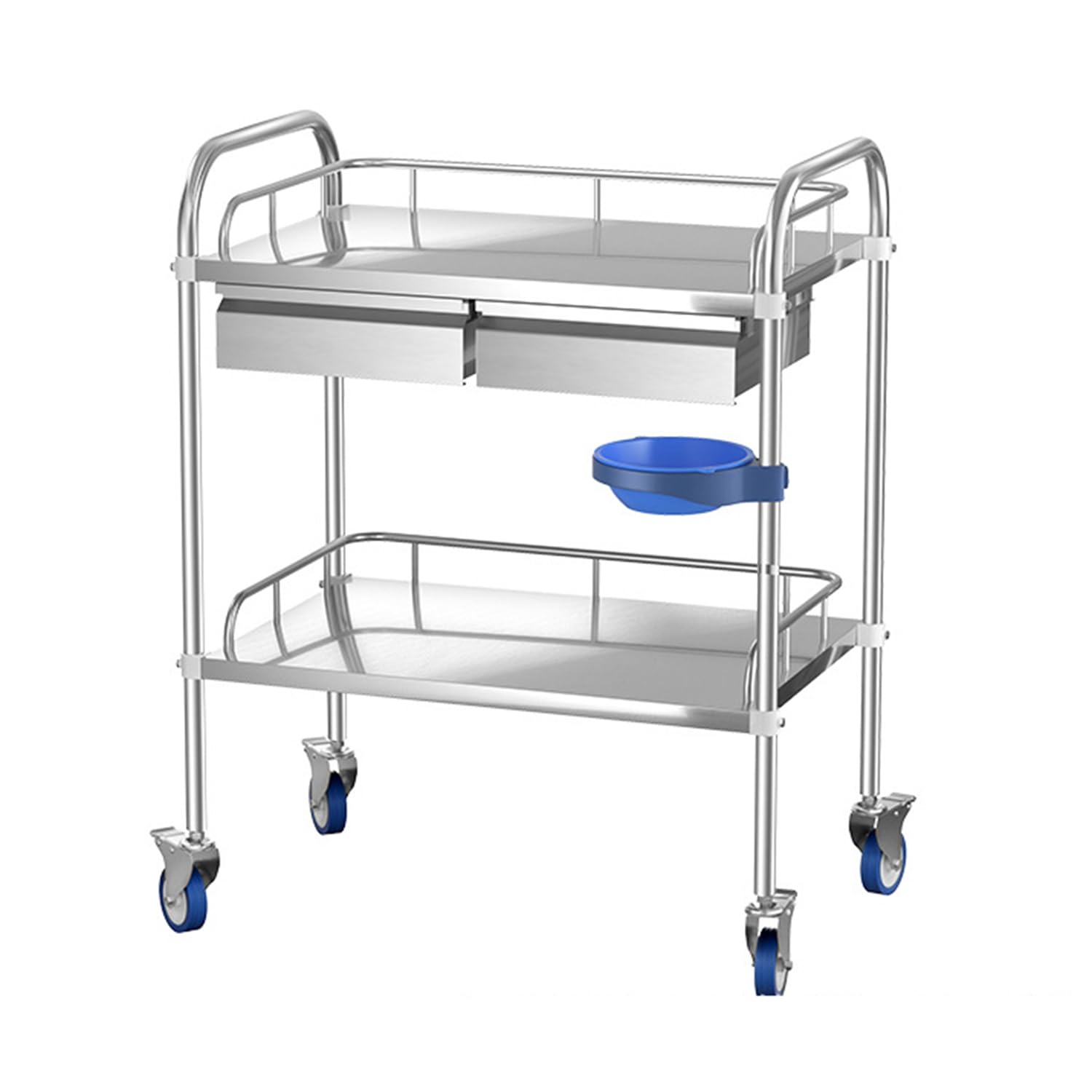 Carro de Servicio de Acero Inoxidable 2 Niveles Carrito con Ruedas 2 Cajones Isla de Cocina Rodante Comercial para Utensilios y Vajilla (Plateado)